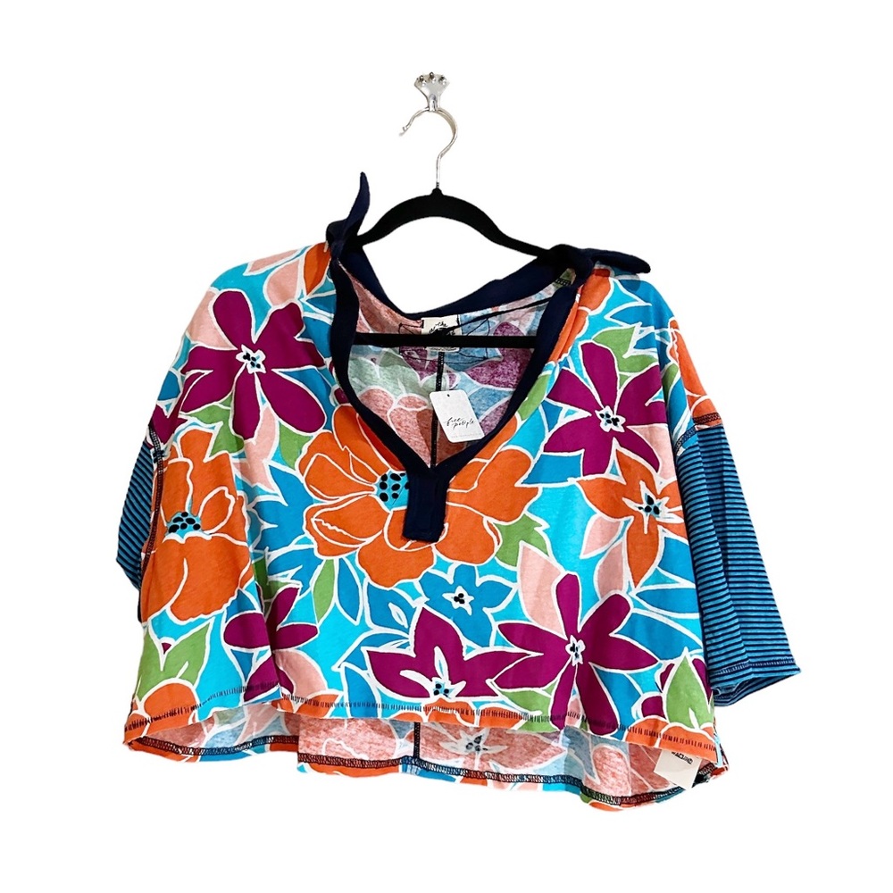 NWT Free People Floral Striped Collared On A Boat Boxy Crop Polo Shirt - Picture 8 of 9
